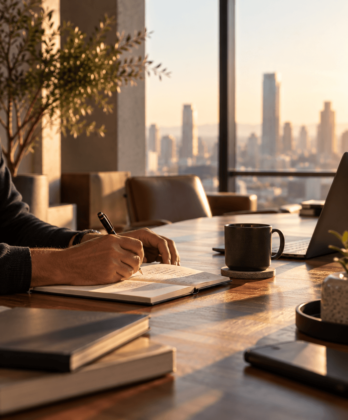 Someone writing notes at a wooden table, with a city skyline at golden hour